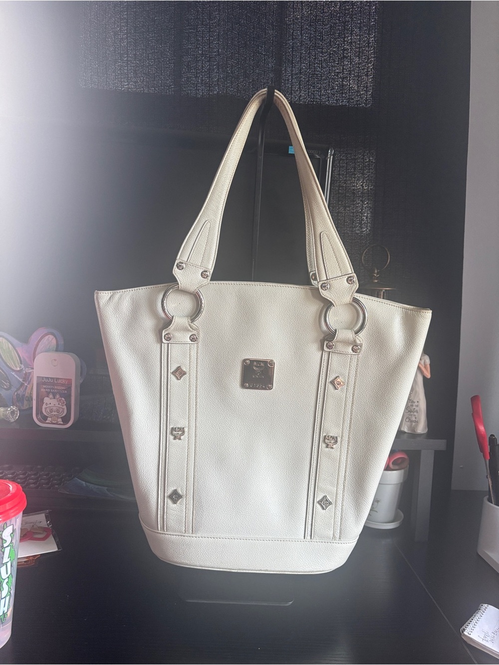 MCM Ivory Leather Tote with Silver Accents